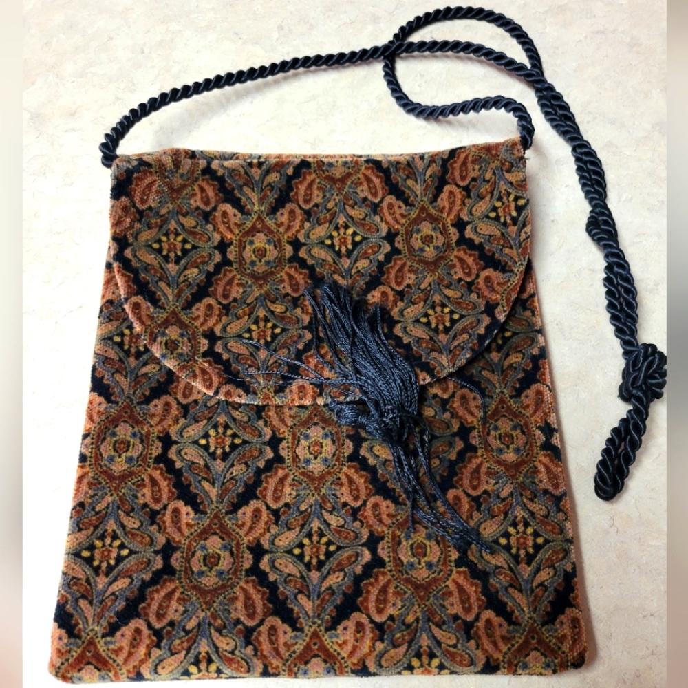 Tapestry fabric cross body bag black rope handle